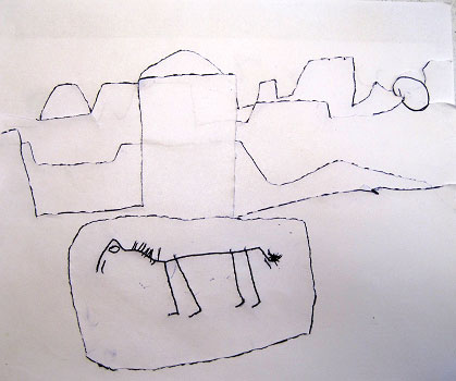 A raised-line drawing of an African village. In the background is a mountain range, many of the mountains have distinctive broad flat tops. A few of the village’s buildings are along the street. A horse is standing in the street.