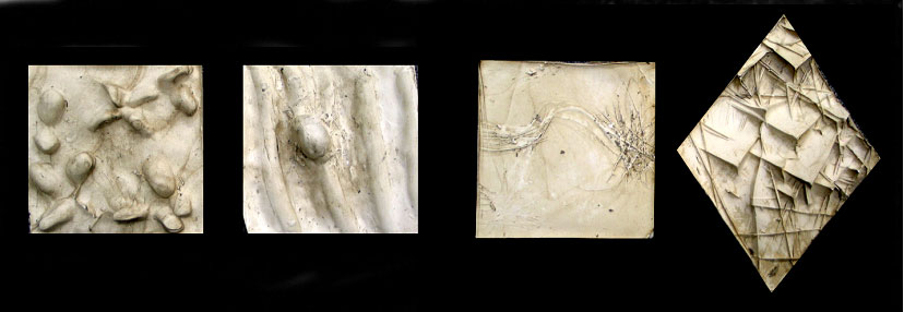 two small relief plaster sculptures on left showing soft bubbly forms and flowing deep curving lines. two small plaster relief sculptures on right showing sharp scratched lines and deep sharp angled forms.